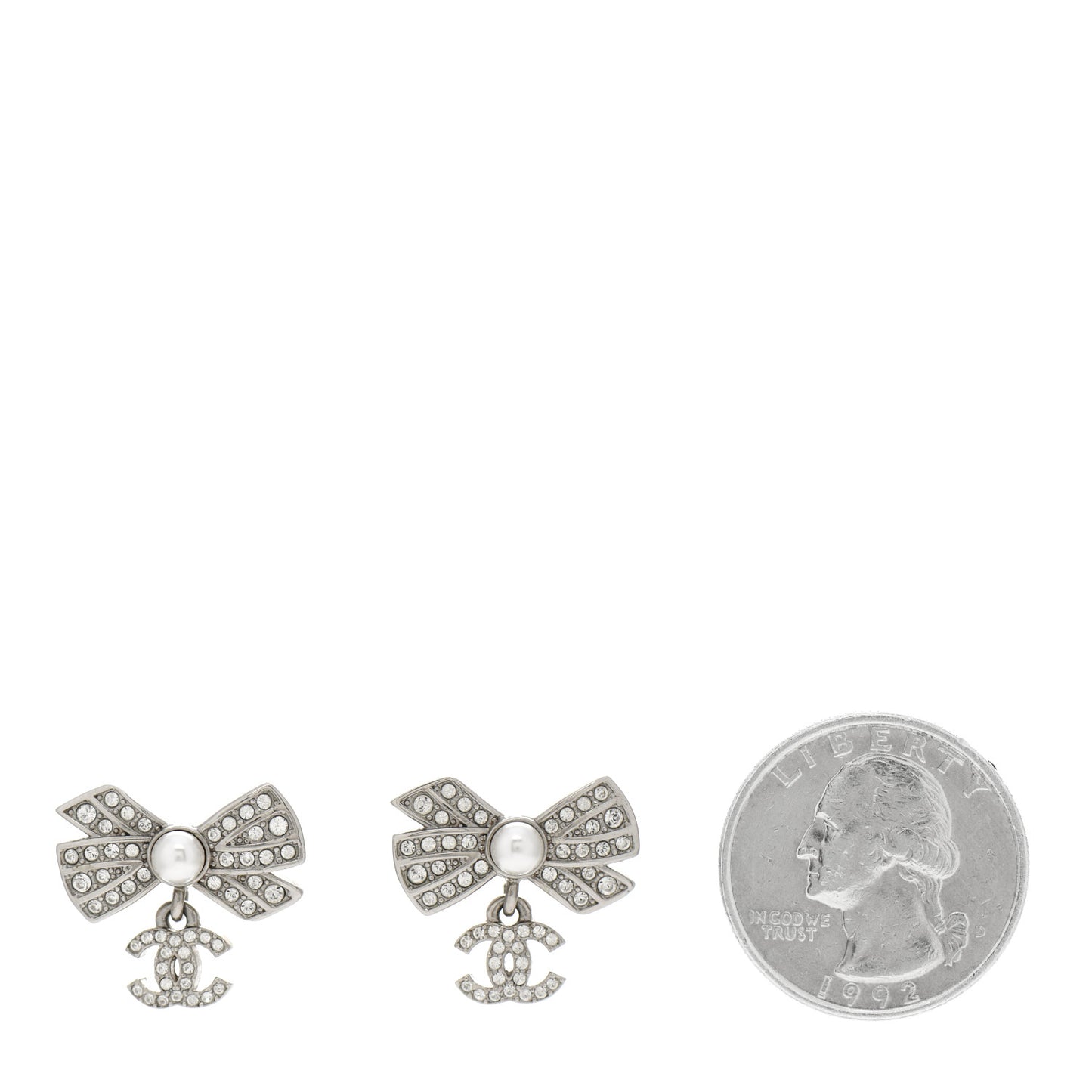 Crystal Pearl Bow CC Drop Earrings Silver