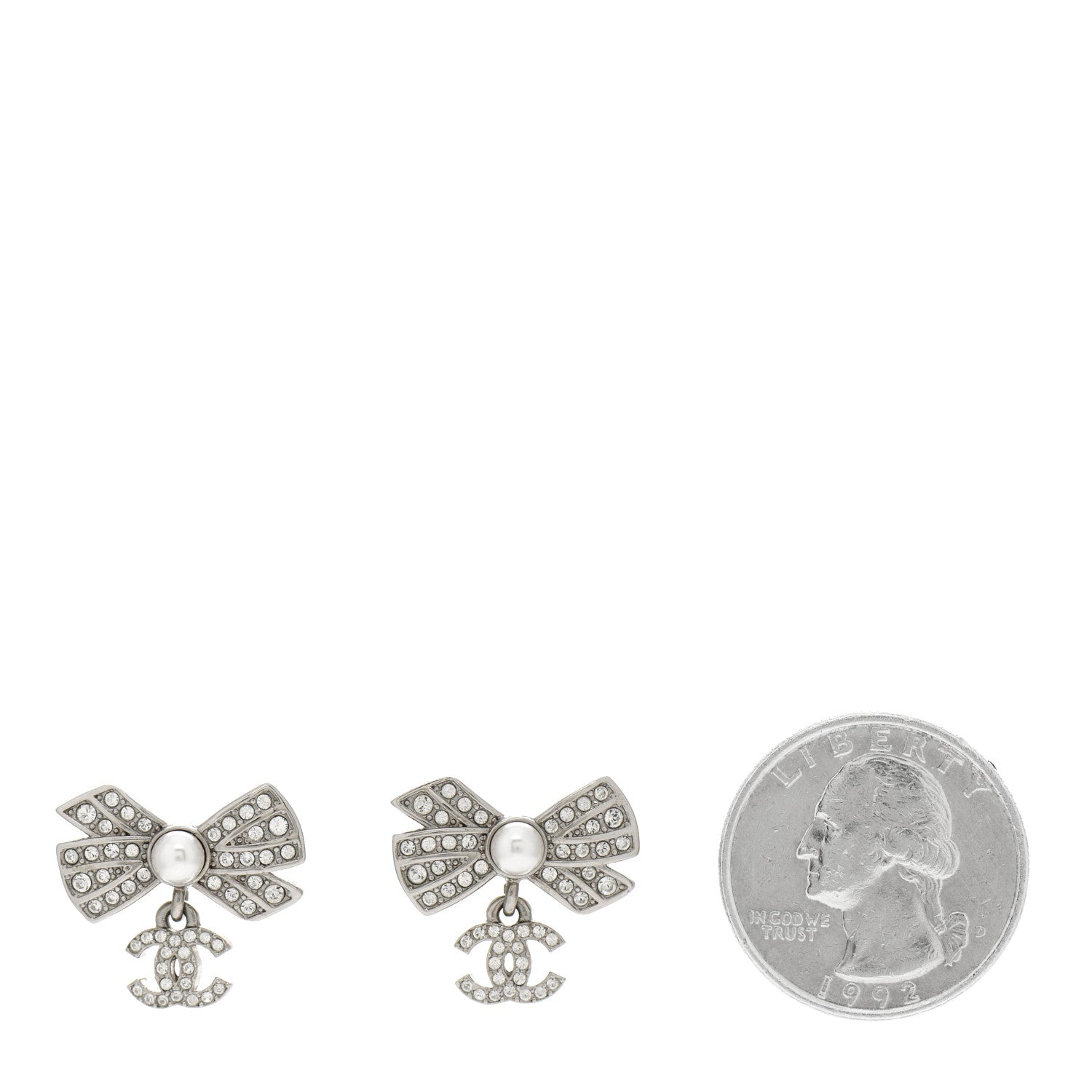 Chanel Crystal Pearl Bow CC Drop Earrings Silver 2 of 5