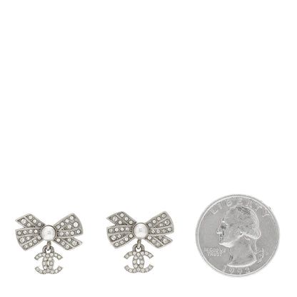 Chanel Crystal Pearl Bow CC Drop Earrings Silver 2 of 5