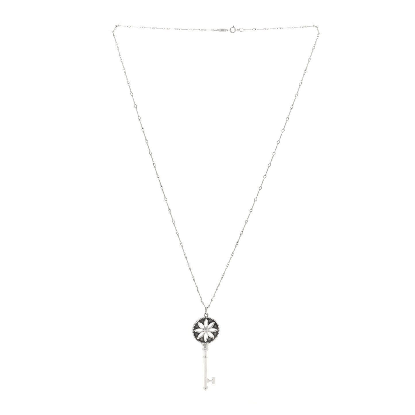Sterling Silver Diamond Large Daisy Key Pendant Link Necklace