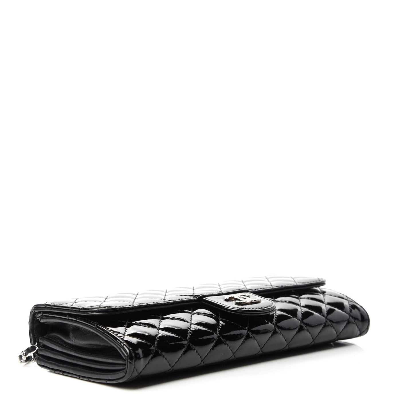 Patent Calfskin Quilted Brilliant East West Flap Clutch Black