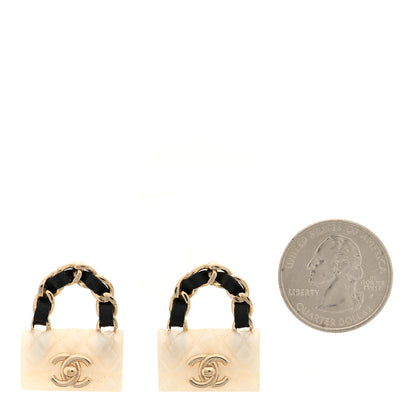 Chanel Metal Resin Lambskin Quilted CC Turnlock Chain Flap Bag Earrings White Gold 2 of 5