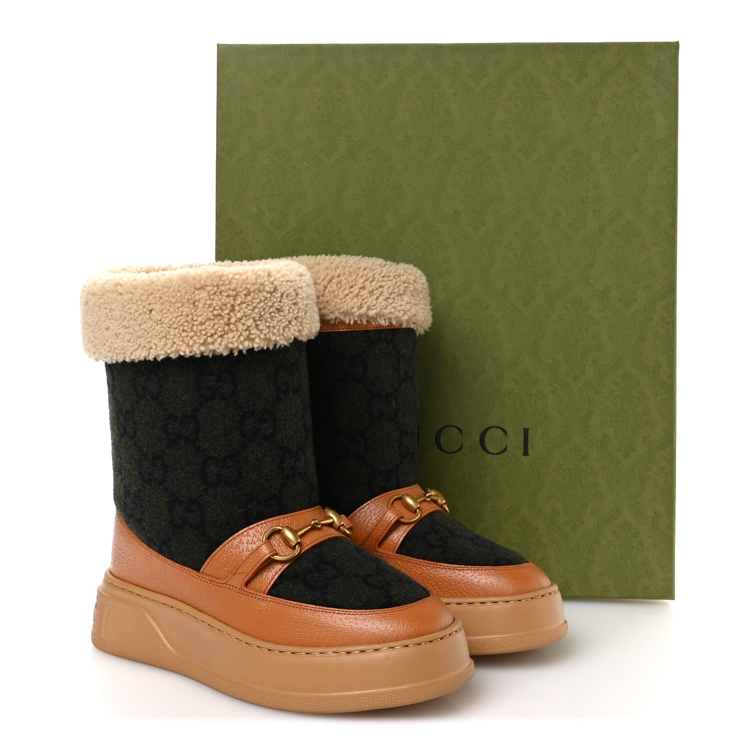 Gucci Covered Wool Monogram Textured Dollar Calfskin Shearling Horsebit Snow Boots 37 Underwood Blue Hazel Brown 8 of 8