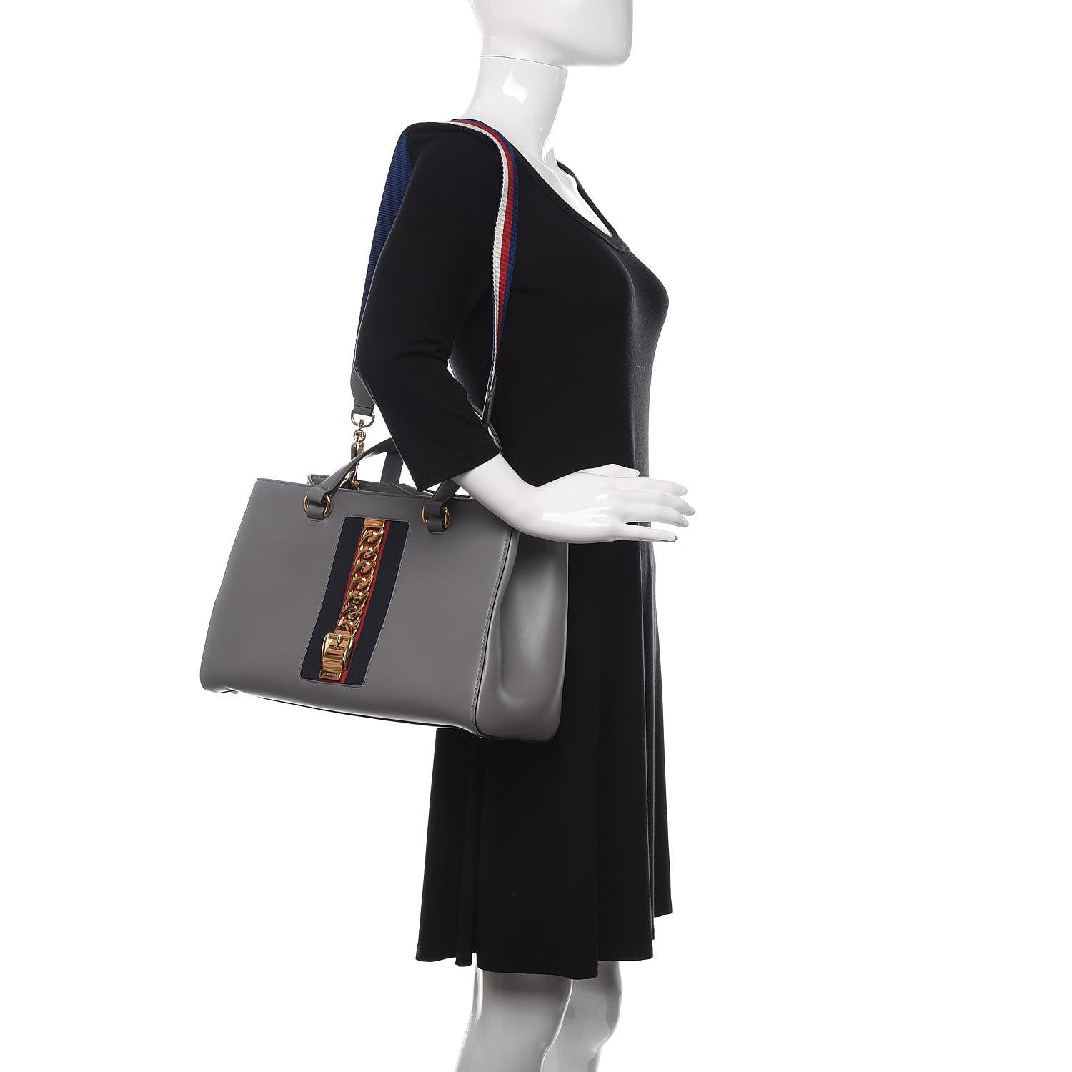Gucci Calfskin Web Large Sylvie Top Handle Tote Deep Grey 2 of 9