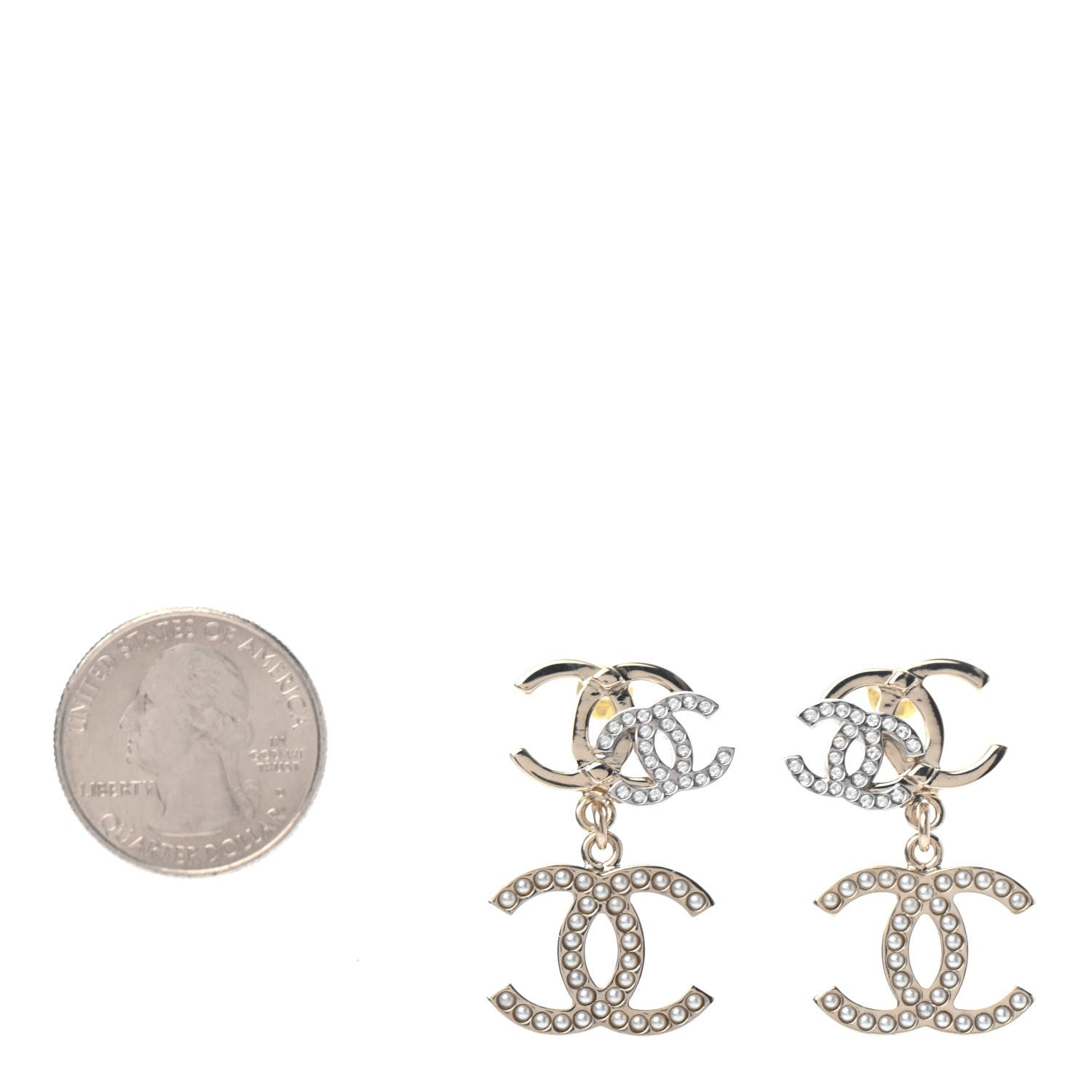 Chanel Crystal Pearl Double CC Drop Earrings Gold Silver 2 of 4