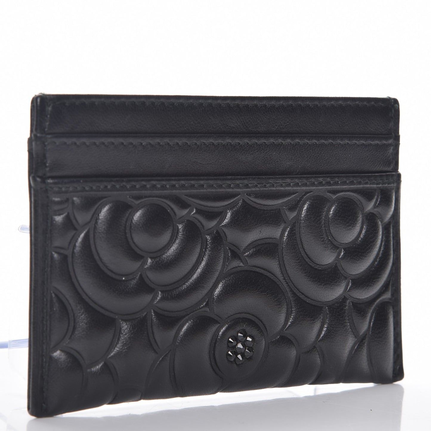 Lambskin Camellia Embossed Card Holder So Black