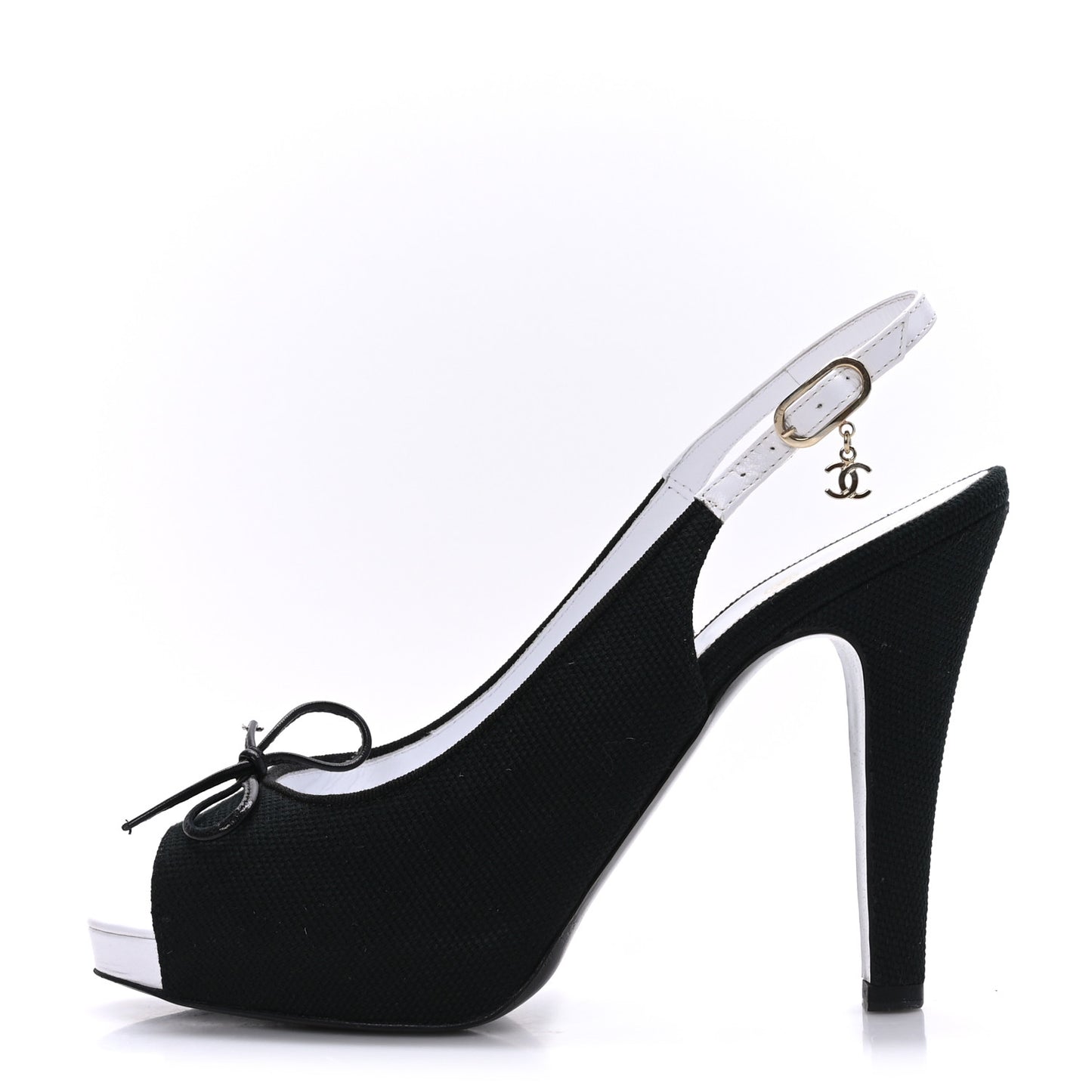 Canvas Peep Toe Slingback Pumps 39 Black White