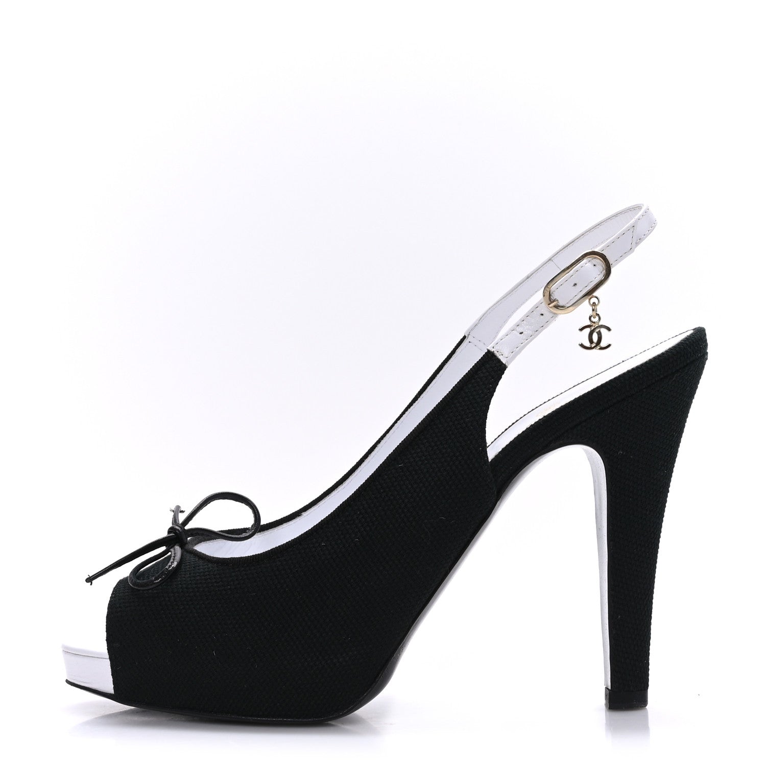 Chanel Canvas Peep Toe Slingback Pumps 39 Black White 1 of 7