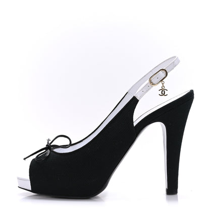 Chanel Canvas Peep Toe Slingback Pumps 39 Black White 1 of 7
