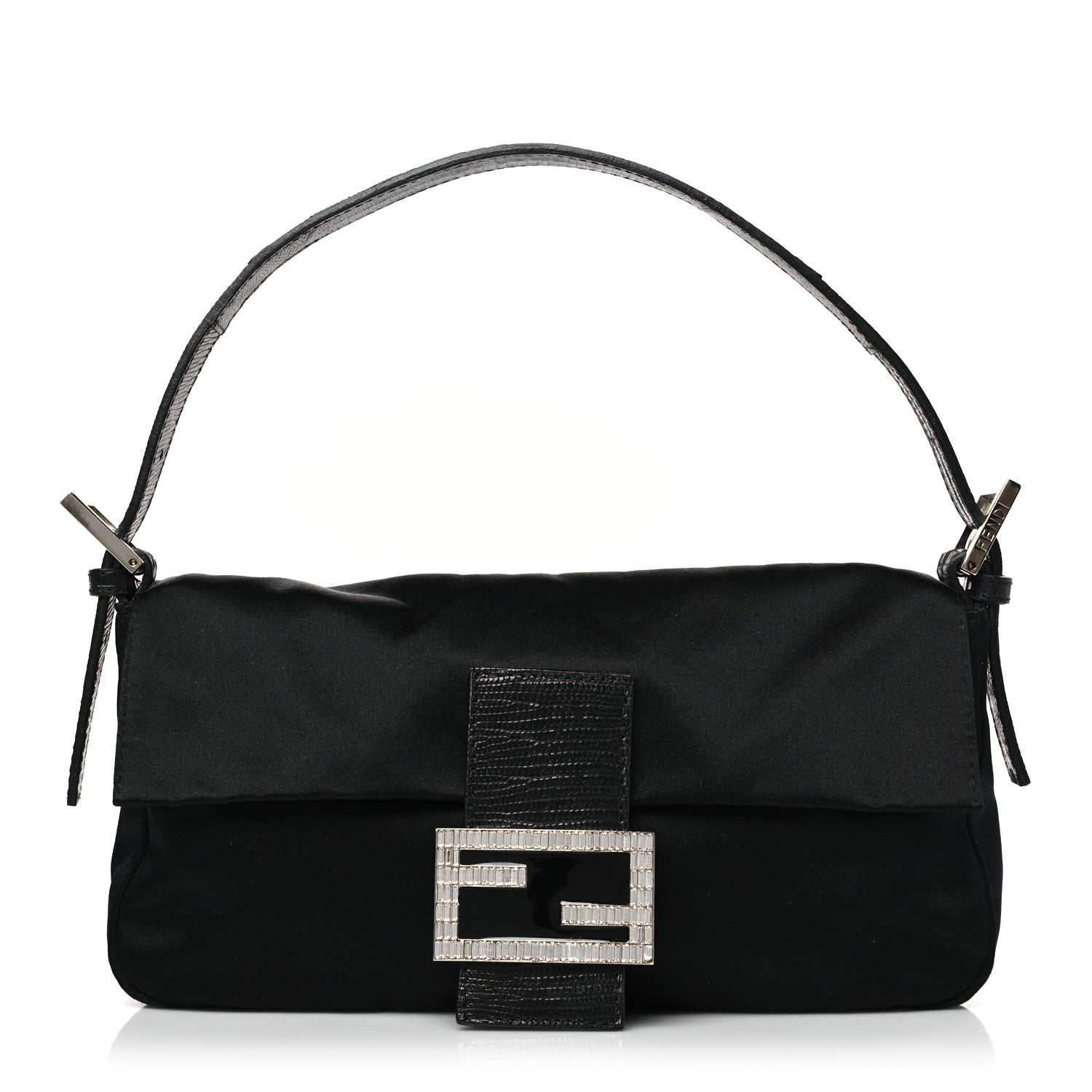 Fendi Satin Lizard Crystal Baguette Black 1 of 10