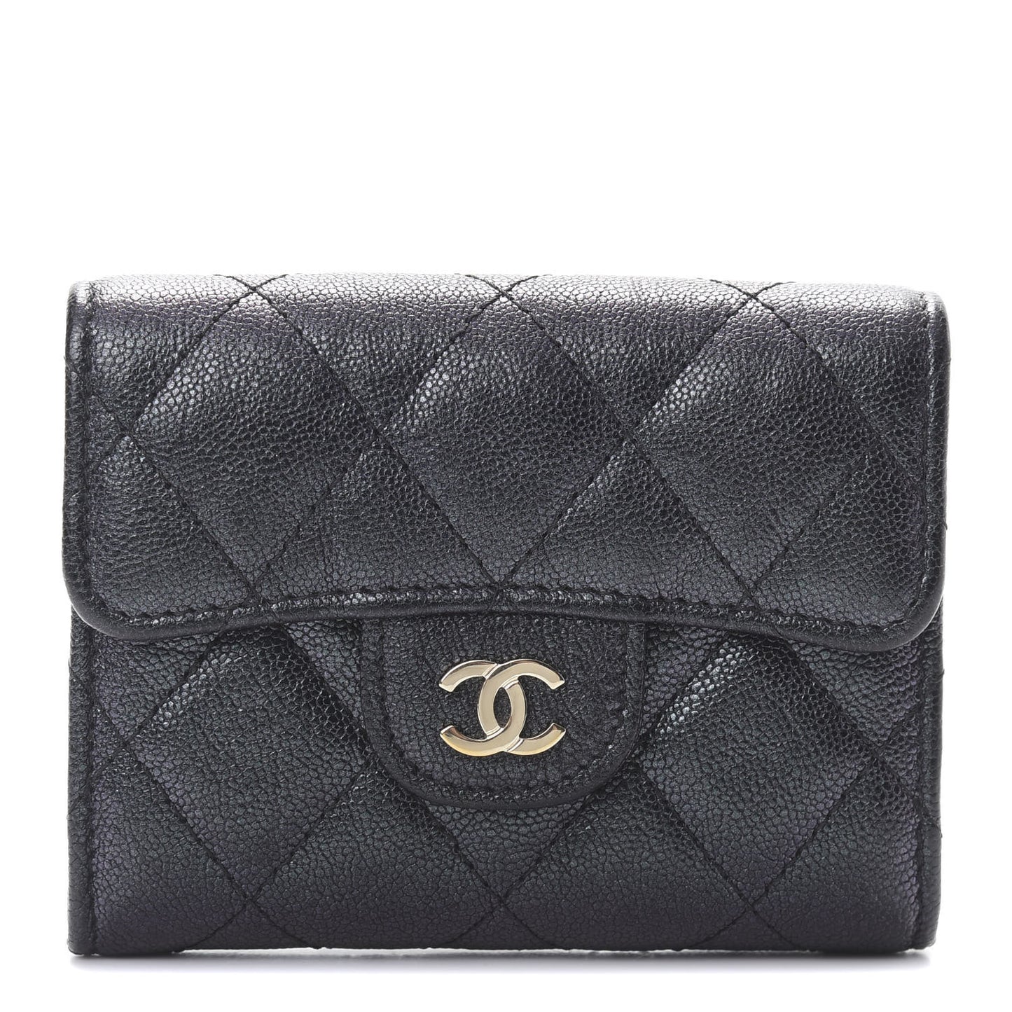 Iridescent Caviar Quilted Flap Card Holder Wallet Black