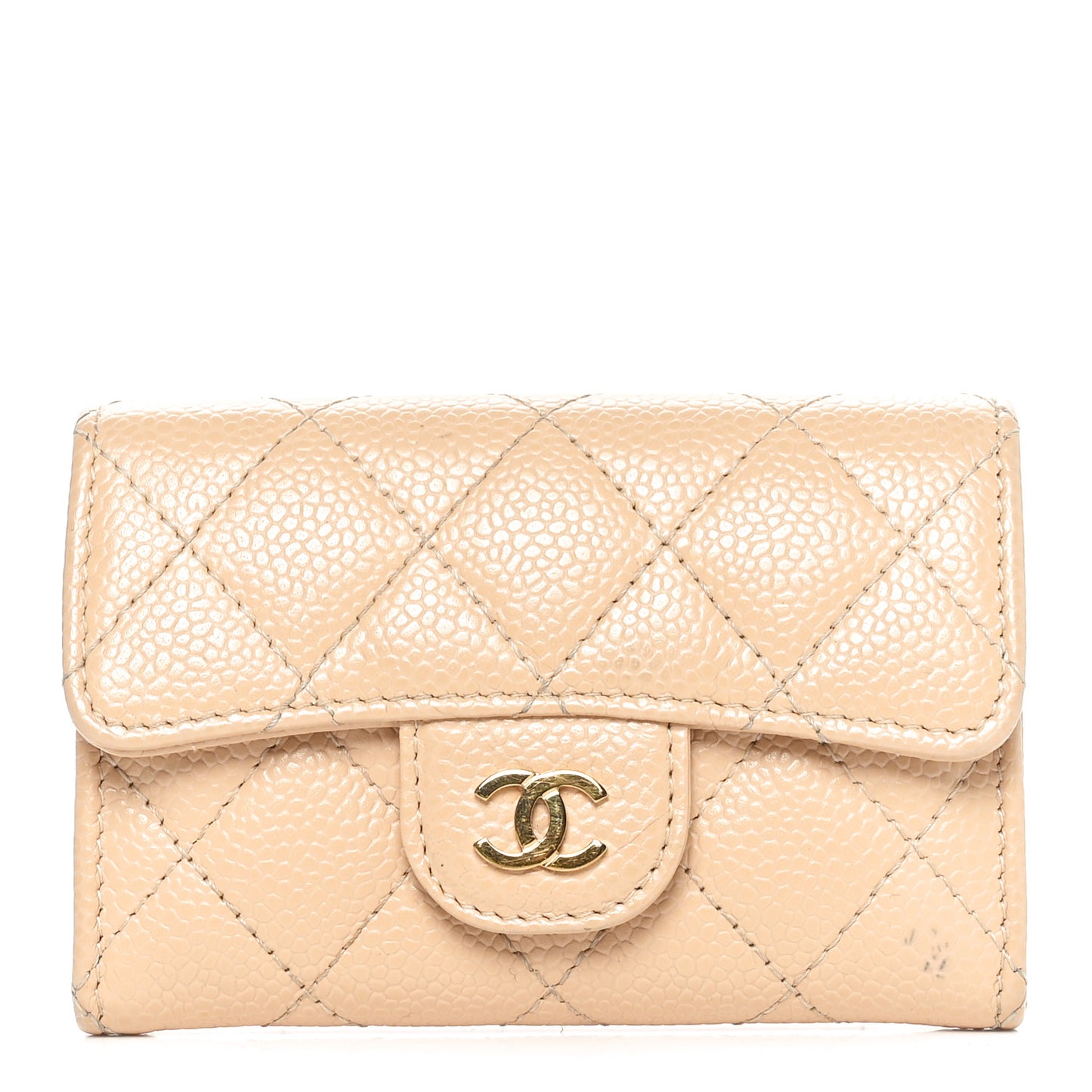 Caviar Quilted Flap Card Holder Wallet Beige