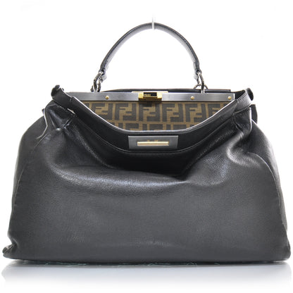 Fendi Goatskin Zucca Large Peekaboo Iconic Satchel Black Tobacco 1 of 12