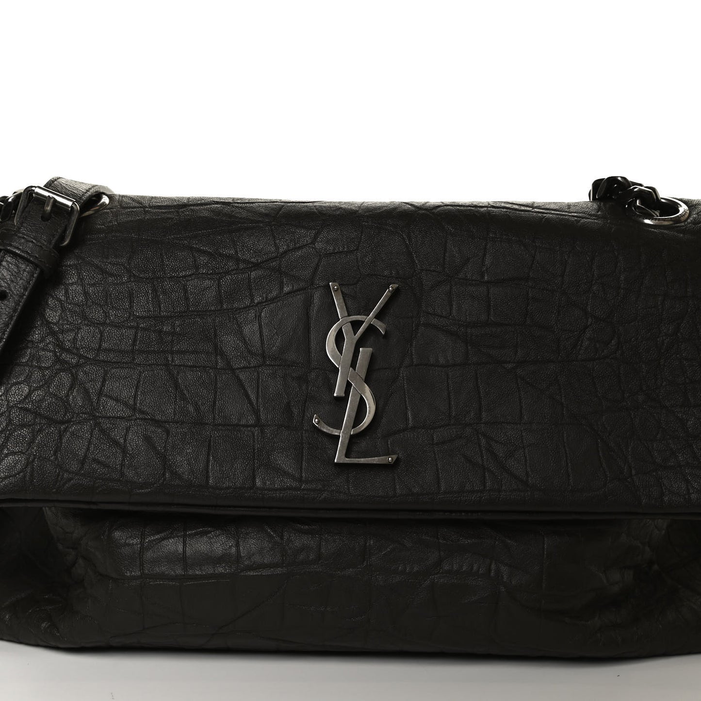 Calfskin Crocodile Embossed Medium West Hollywood Monogram Fold-Over Dark Brown