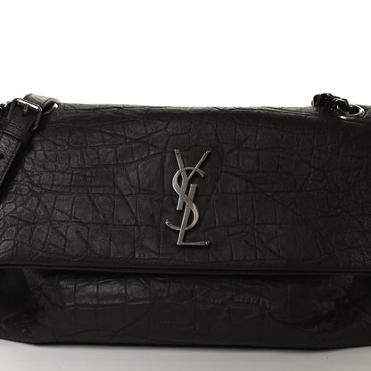 Saint Laurent Calfskin Crocodile Embossed Medium West Hollywood Monogram Fold-Over Dark Brown 8 of 10