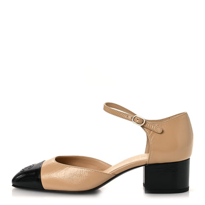 Chanel Shiny Lambskin CC Cap Toe Mary Janes Pumps 39.5 Beige Black 1 of 11