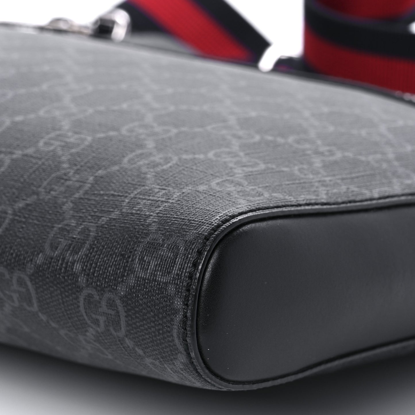 GG Supreme Monogram Appia Calfskin Web Flat Messenger Bag Black Grey