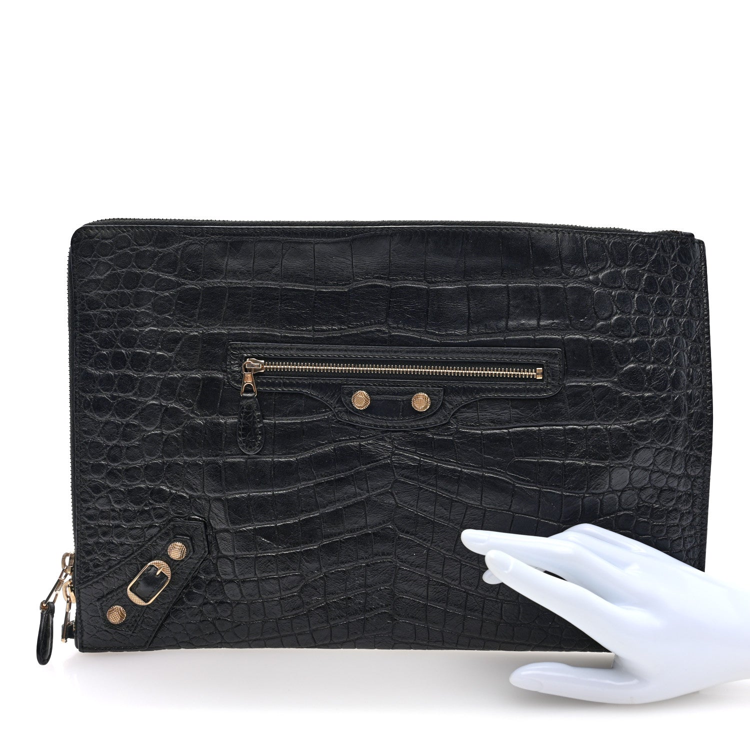 Balenciaga Crocodile Embossed Giant 12 Gold Hardware Pouch Clutch