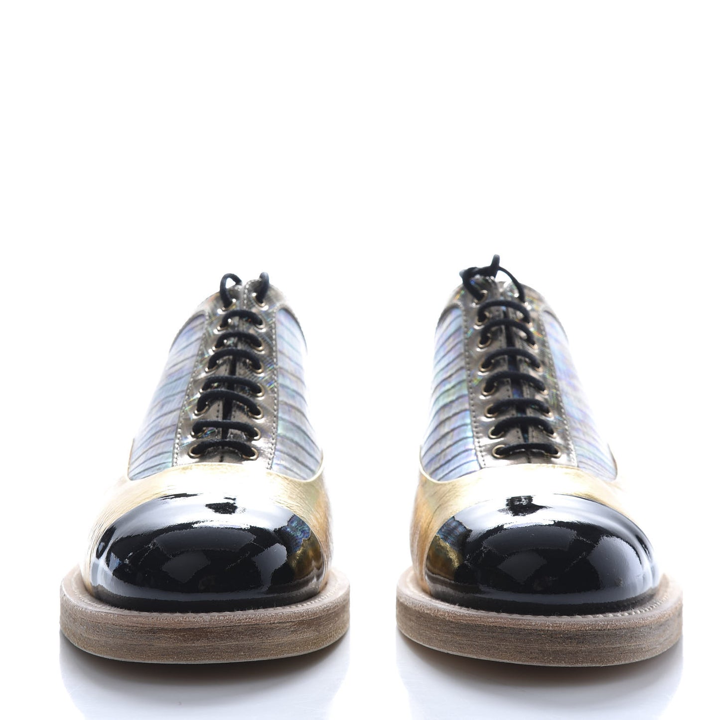 Metallic Goatskin Patent Calfskin Lizard Lace Up Loafers 37 Light Gold Black Multcolor