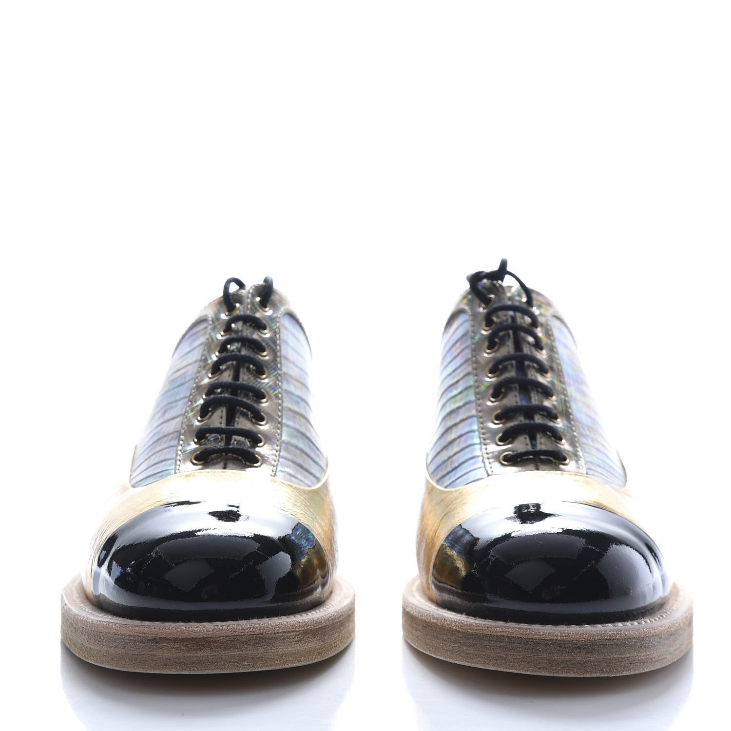 Chanel Metallic Goatskin Patent Calfskin Lizard Lace Up Loafers 37 Light Gold Black Multcolor 2 of 9