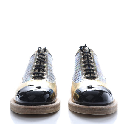 Chanel Metallic Goatskin Patent Calfskin Lizard Lace Up Loafers 37 Light Gold Black Multcolor 2 of 9