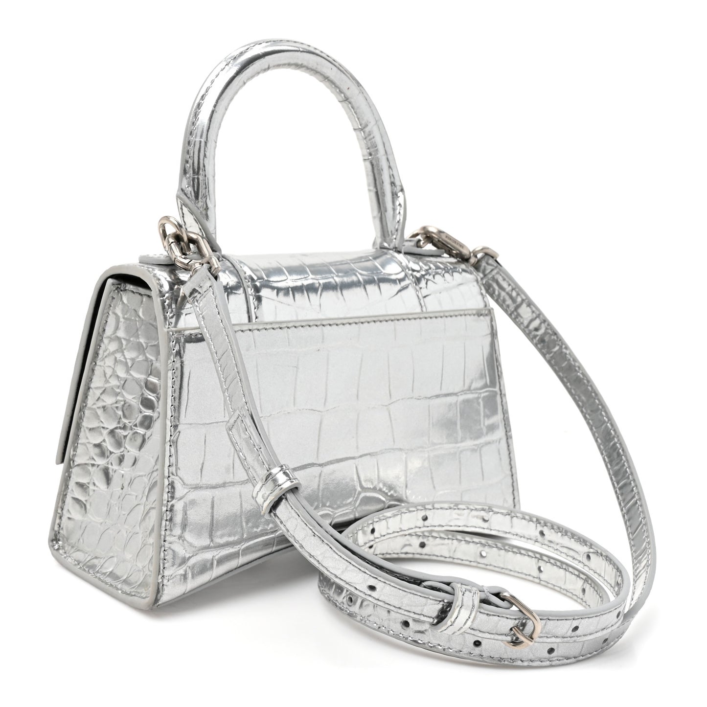Metallic Calfskin Crocodile Embossed Crystal Hourglass Top Handle Bag XS Silver