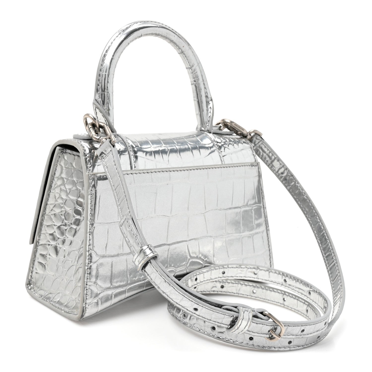 Balenciaga Metallic Calfskin Crocodile Embossed Crystal Hourglass Top Handle Bag XS Silver 2 of 15