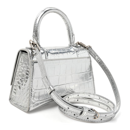 Balenciaga Metallic Calfskin Crocodile Embossed Crystal Hourglass Top Handle Bag XS Silver 2 of 15