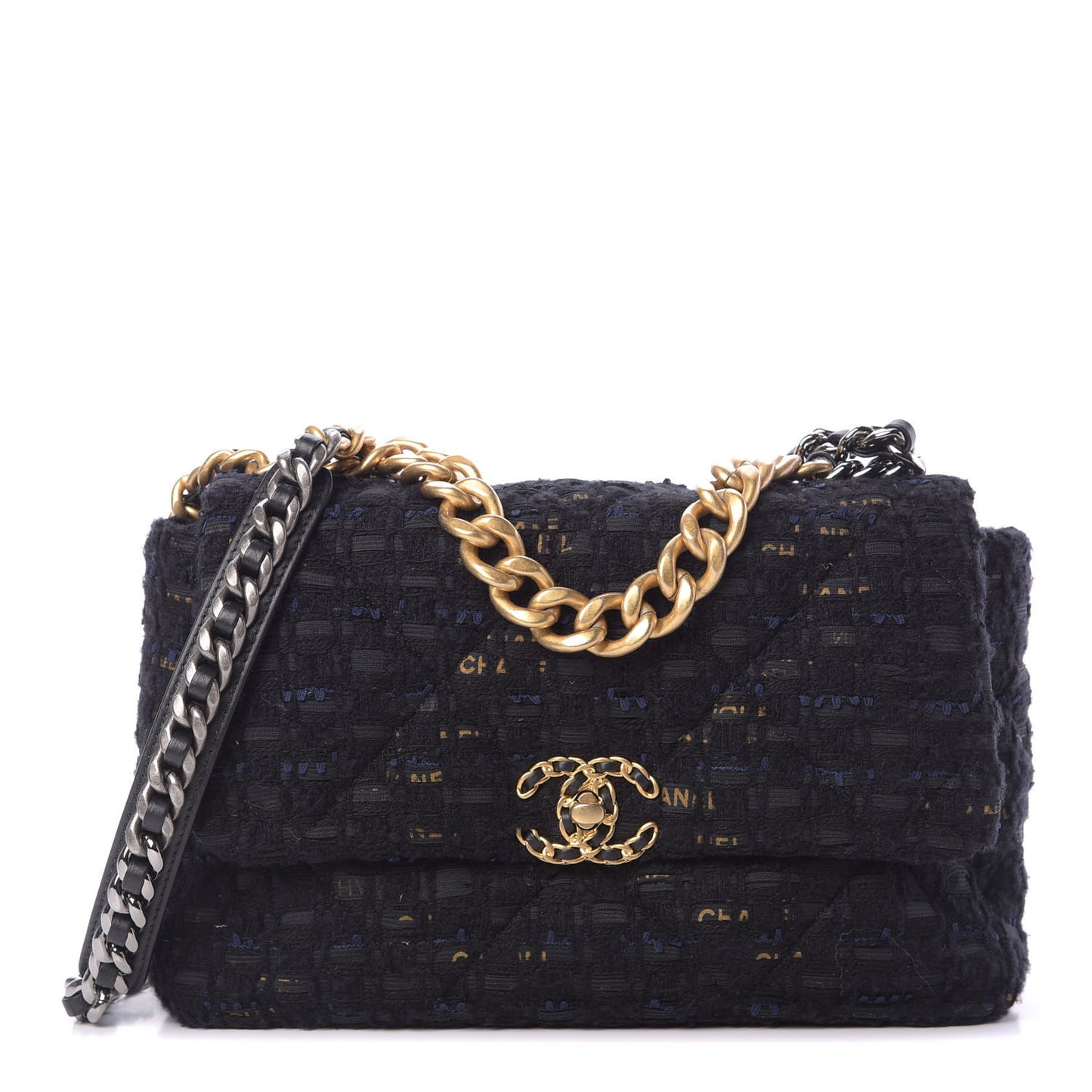 Tweed Quilted Large Chanel 19 Flap Black Navy Gold
