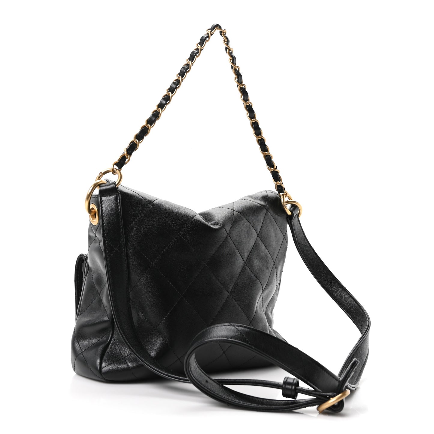 Shiny Calfskin Quilted Small Supple Twins Hobo Bag Black