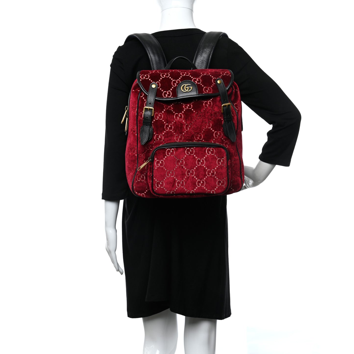 Velvet GG Monogram Textured Calfskin Web Small Double Buckle Backpack Red Cipria Black