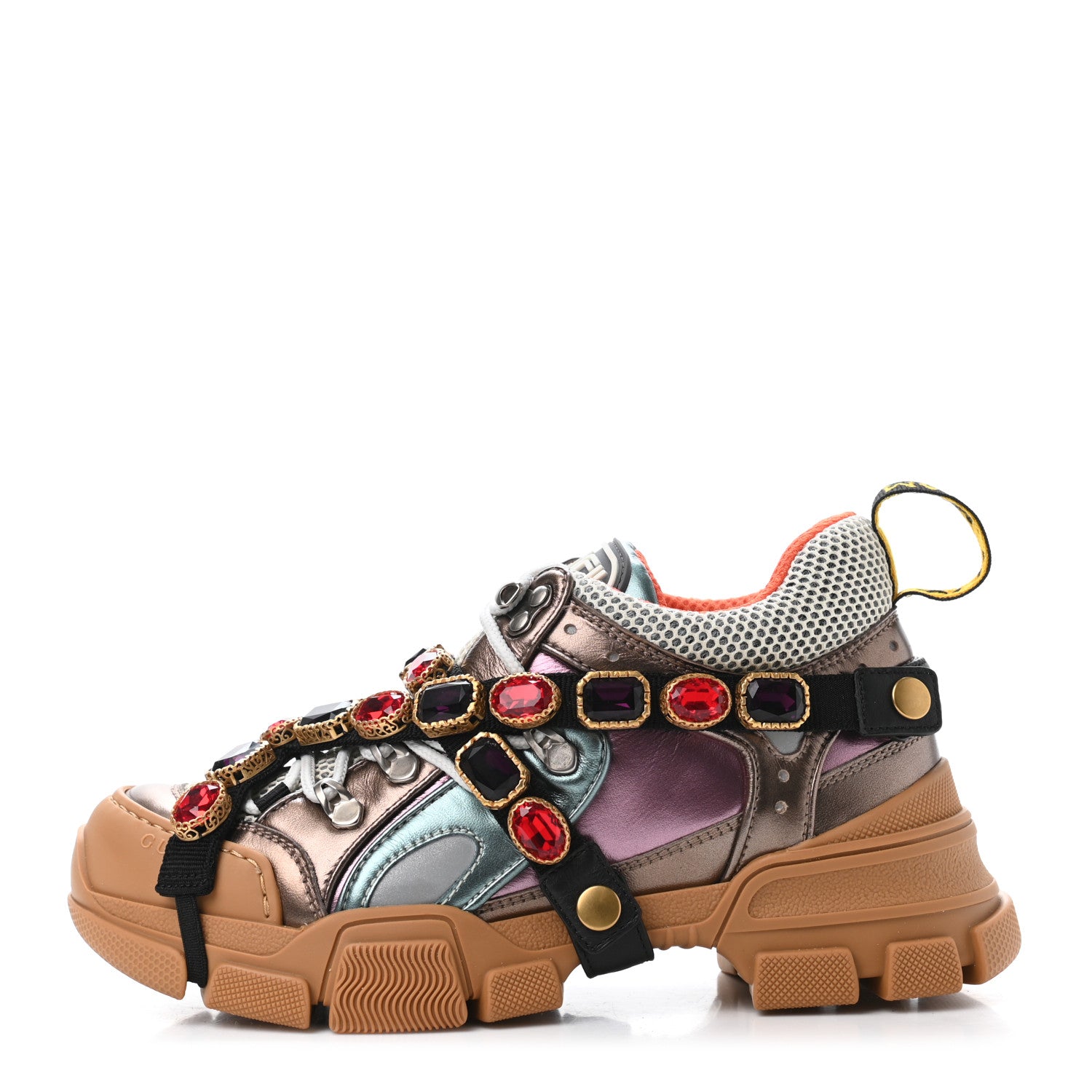 Gucci X SEGA Metallic Calfskin Mesh Removable Crystals Womens Flashtrek Sneakers 37 Rame Mystic White Lago 1 of 4
