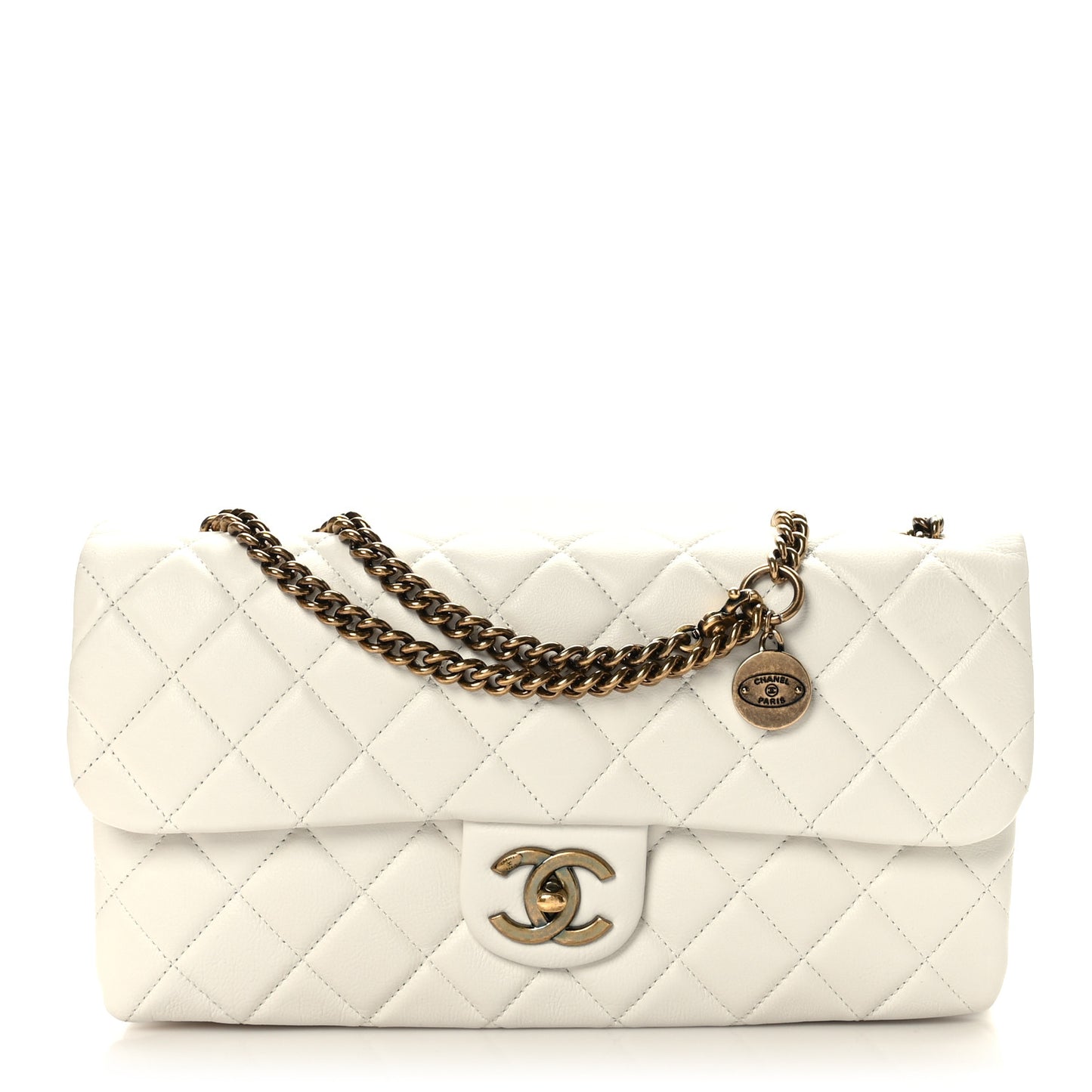 Calfskin Quilted Medium CC Crown Flap White