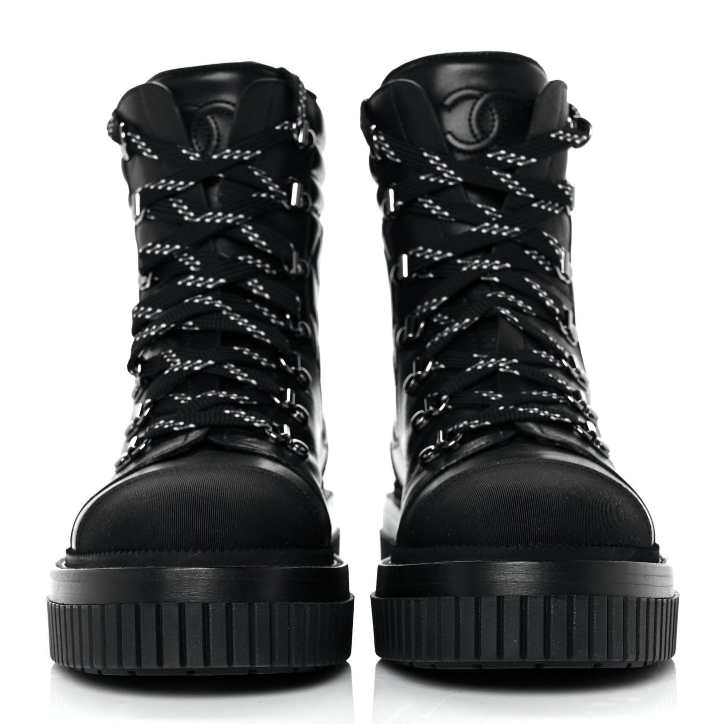 Calfskin Grosgrain Quilted Lace Up Boots 38 Black Grey