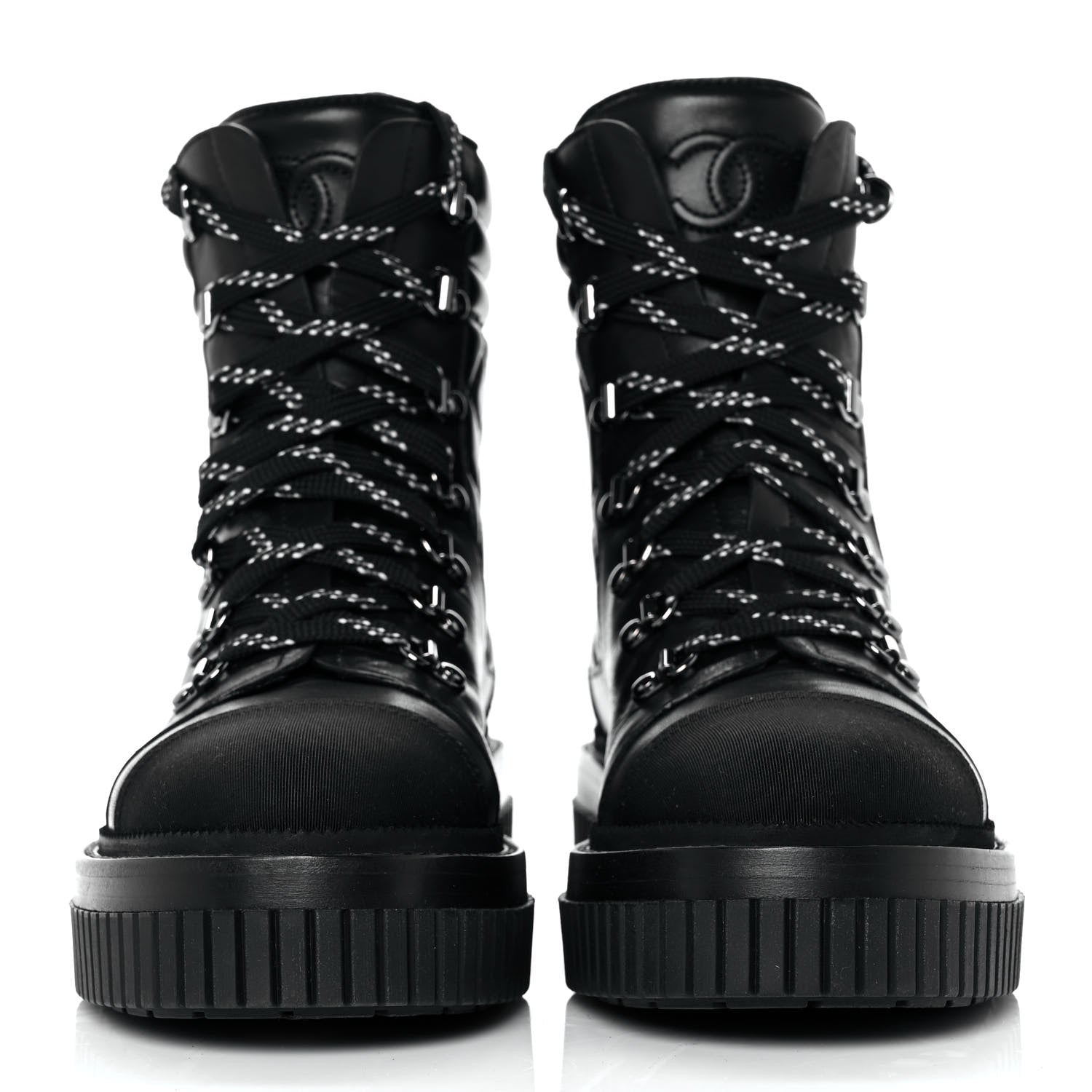 Chanel Calfskin Grosgrain Quilted Lace Up Boots 38 Black Grey 2 of 7