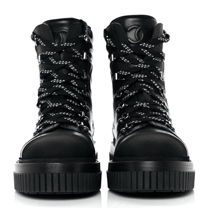 Chanel Calfskin Grosgrain Quilted Lace Up Boots 38 Black Grey 2 of 7