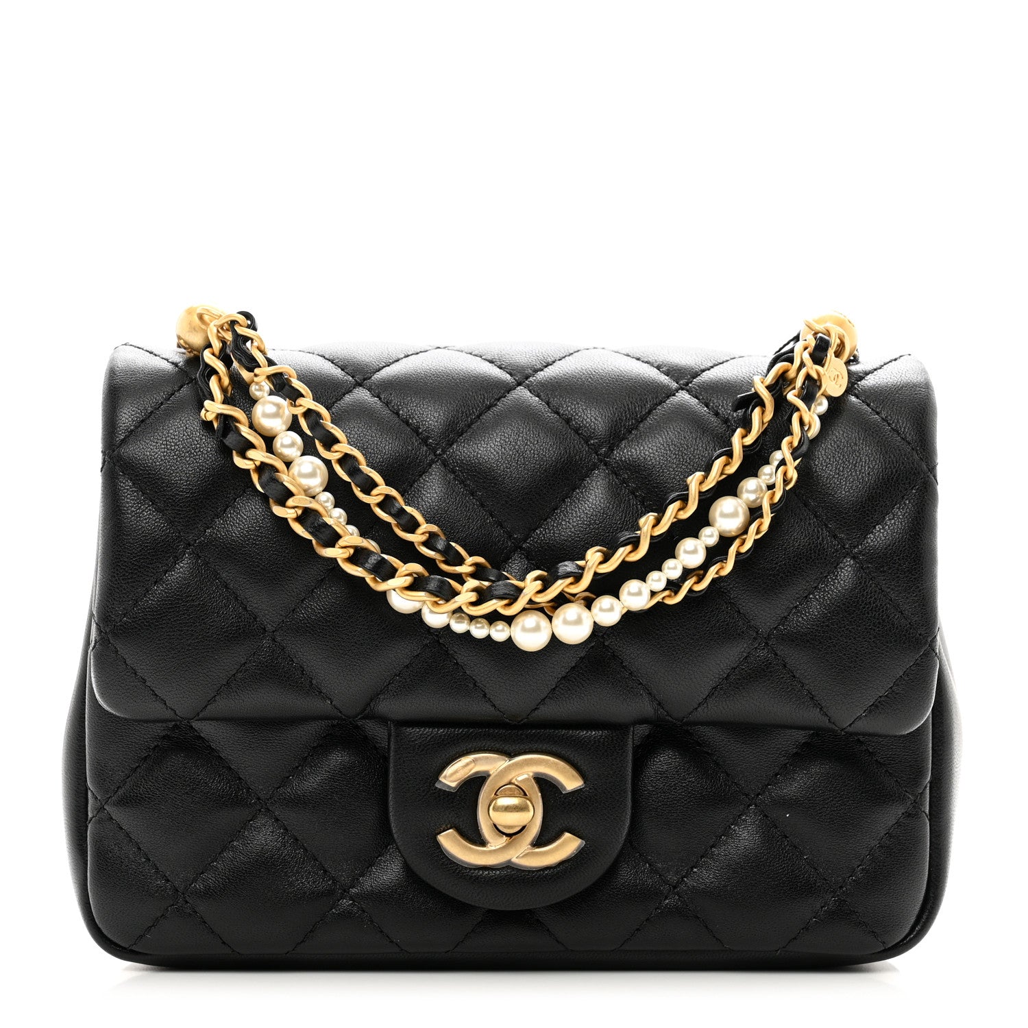 Chanel Shiny Lambskin Quilted Pearl Twist Mini Square Flap Black 1 of 10