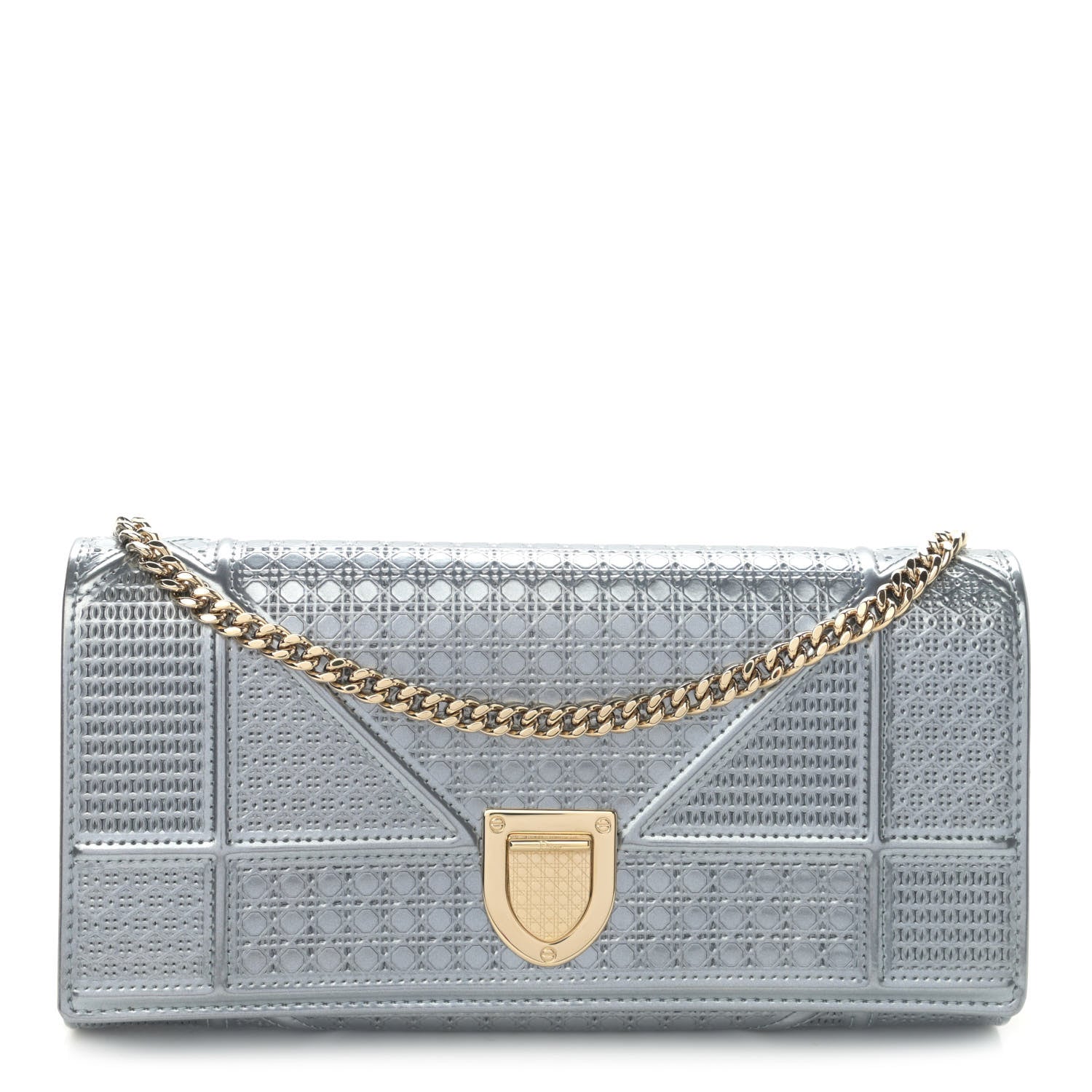 Christian Dior Metallic Patent Micro-Cannage Diorama Croisiere Chain Wallet Silver 1 of 12