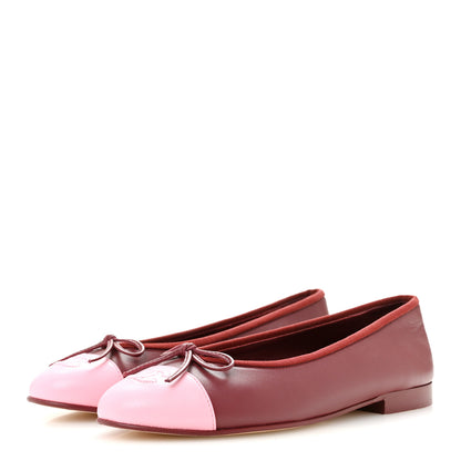 Chanel Lambskin Cap Toe CC Ballerina Flats 37.5 Burgundy Pink 4 of 10