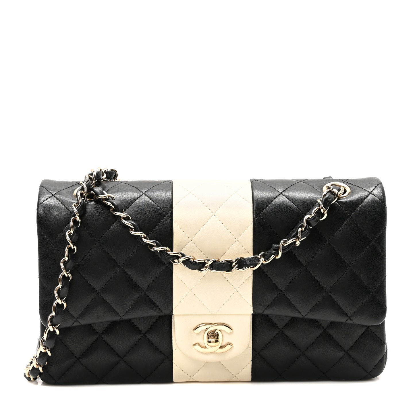 Lambskin Quilted Medium Double Flap Black White