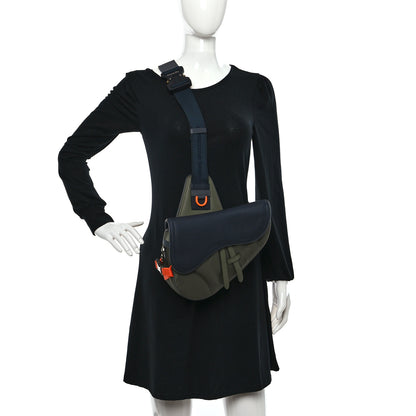 Christian Dior X SACAI Grained Calfskin Technical Fabric Mens Saddle Bag Olive Navy Blue 2 of 9