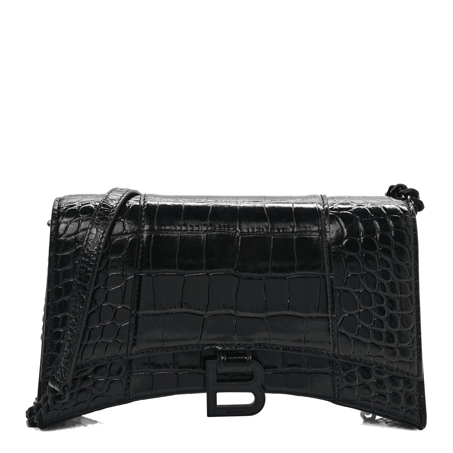 Balenciaga Shiny Calfskin Monochrome Crocodile Embossed Small Hourglass Evening Chain Bag Black 1 of 8