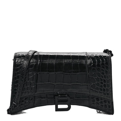 Balenciaga Shiny Calfskin Monochrome Crocodile Embossed Small Hourglass Evening Chain Bag Black 1 of 8