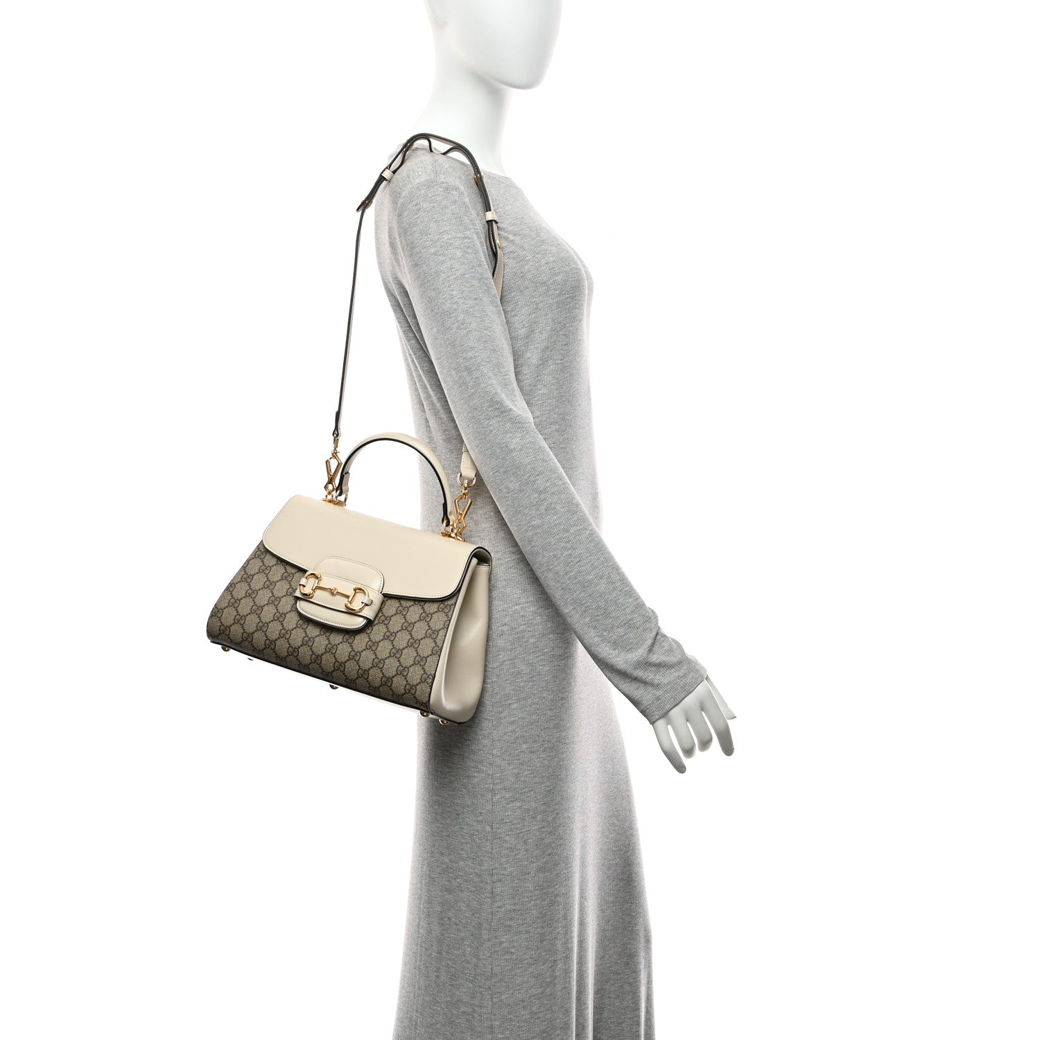 Gucci GG Supreme Monogram Calfskin Medium Horsebit 1955 Top Handle Bag Beige Ebony Mystic White 2 of 11