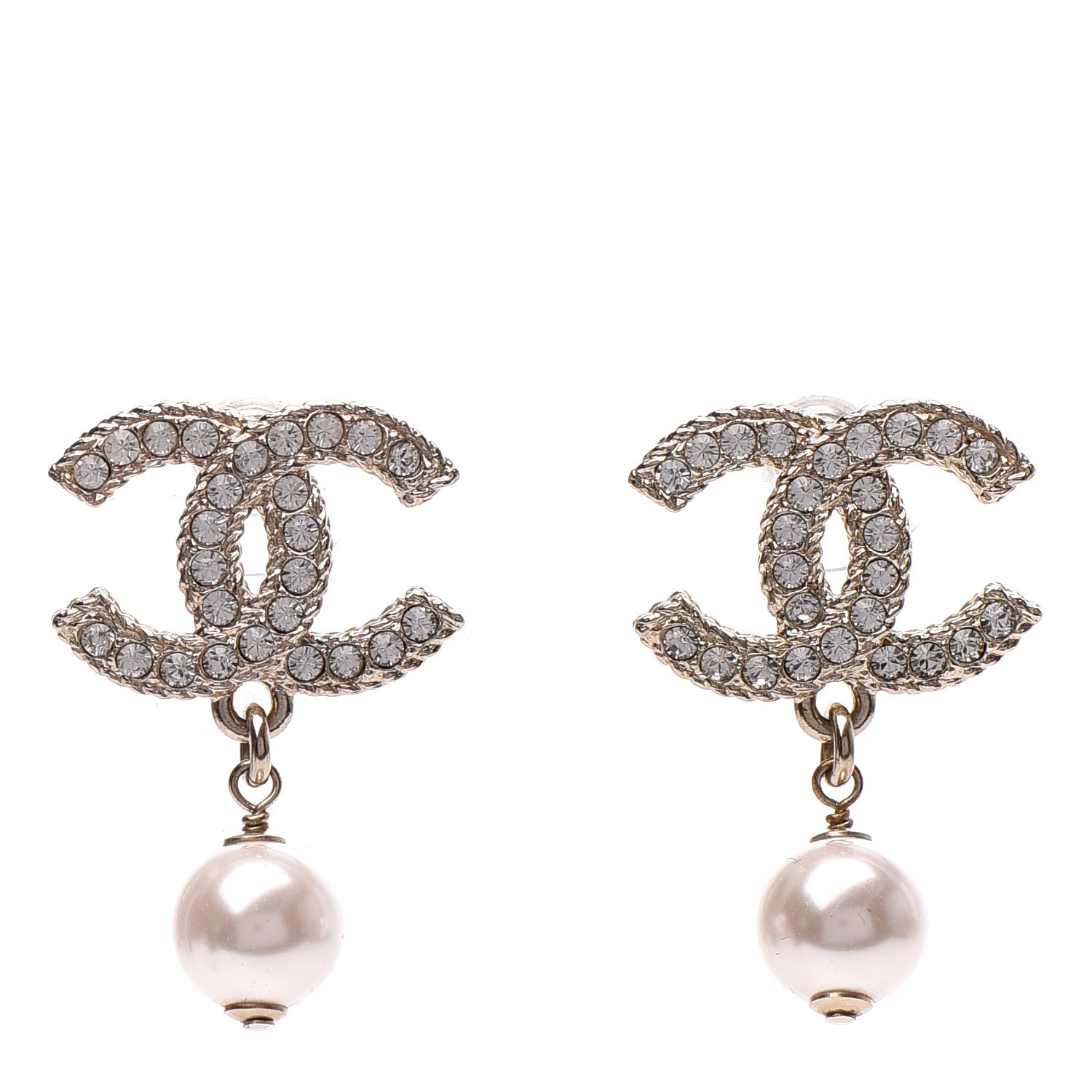 Chanel Crystal Pearl CC Drop Earrings Gold 1 of 5