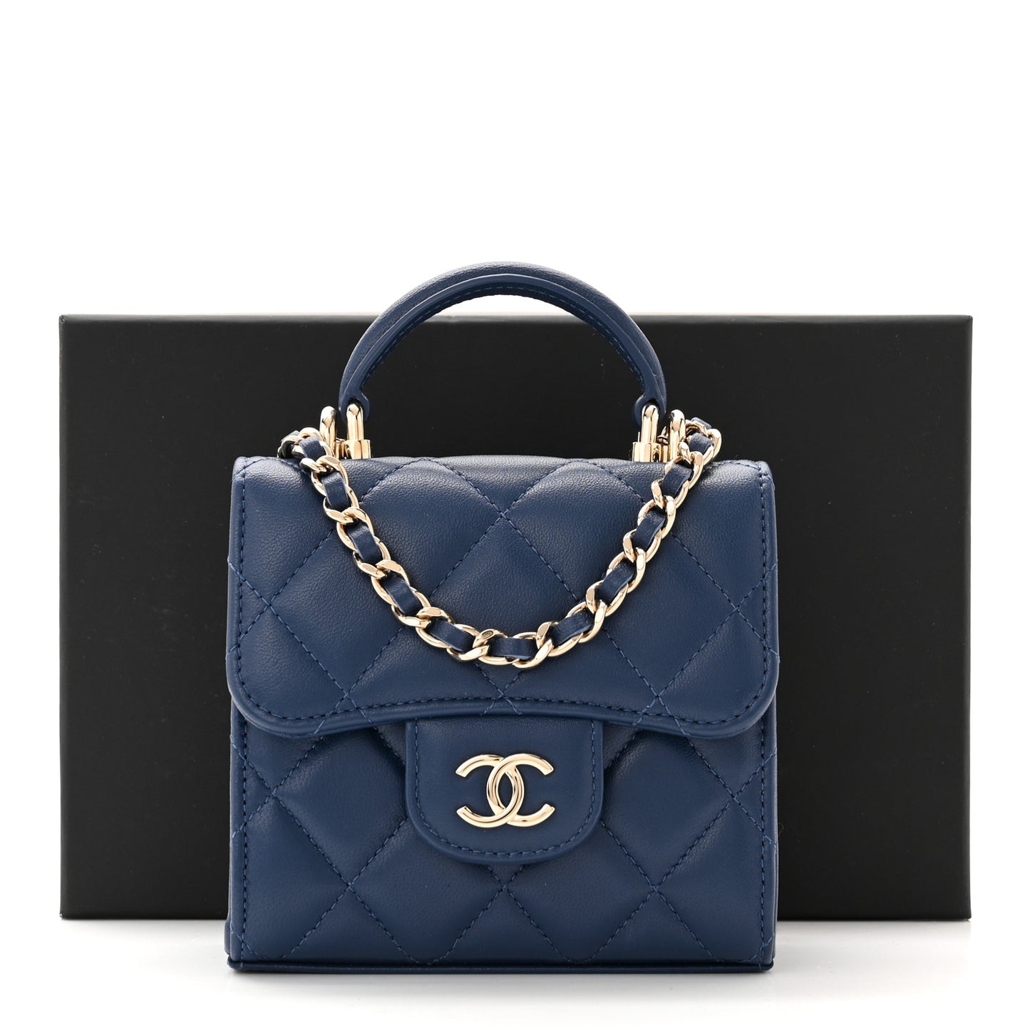 Lambskin Quilted Top Handle Clutch With Chain Blue