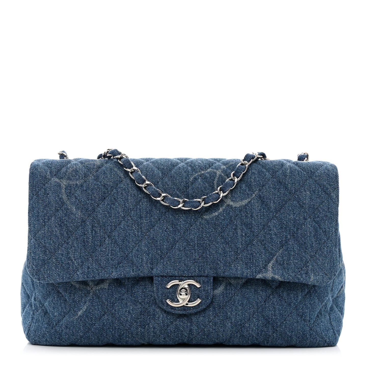 Denim Quilted CC Print Jumbo Single Flap Blue