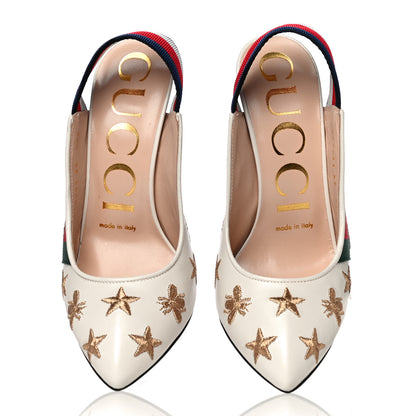 Gucci Malaga Kid Web Bee Star Embroidered Sylvie High Heel Slingback Pumps 35 White 5 of 14