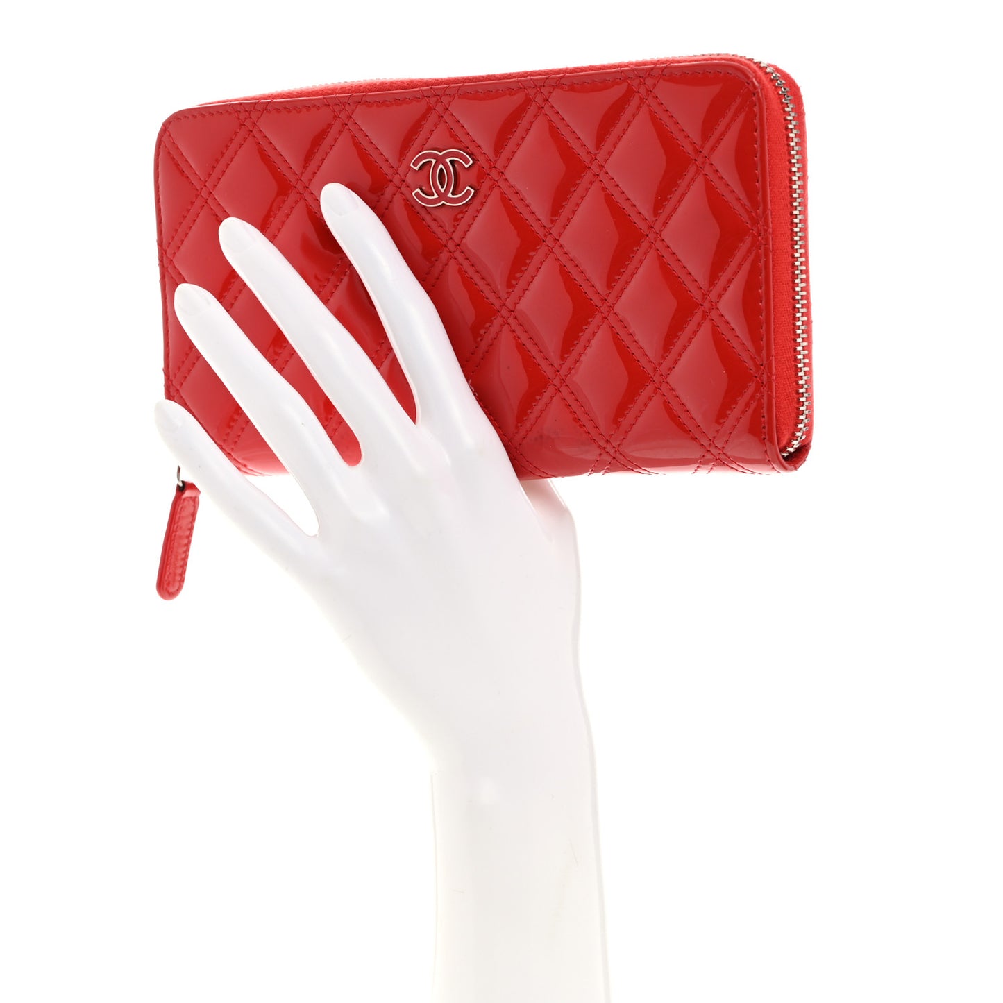 Patent Quilted Double Stitched Zip Around Wallet Red