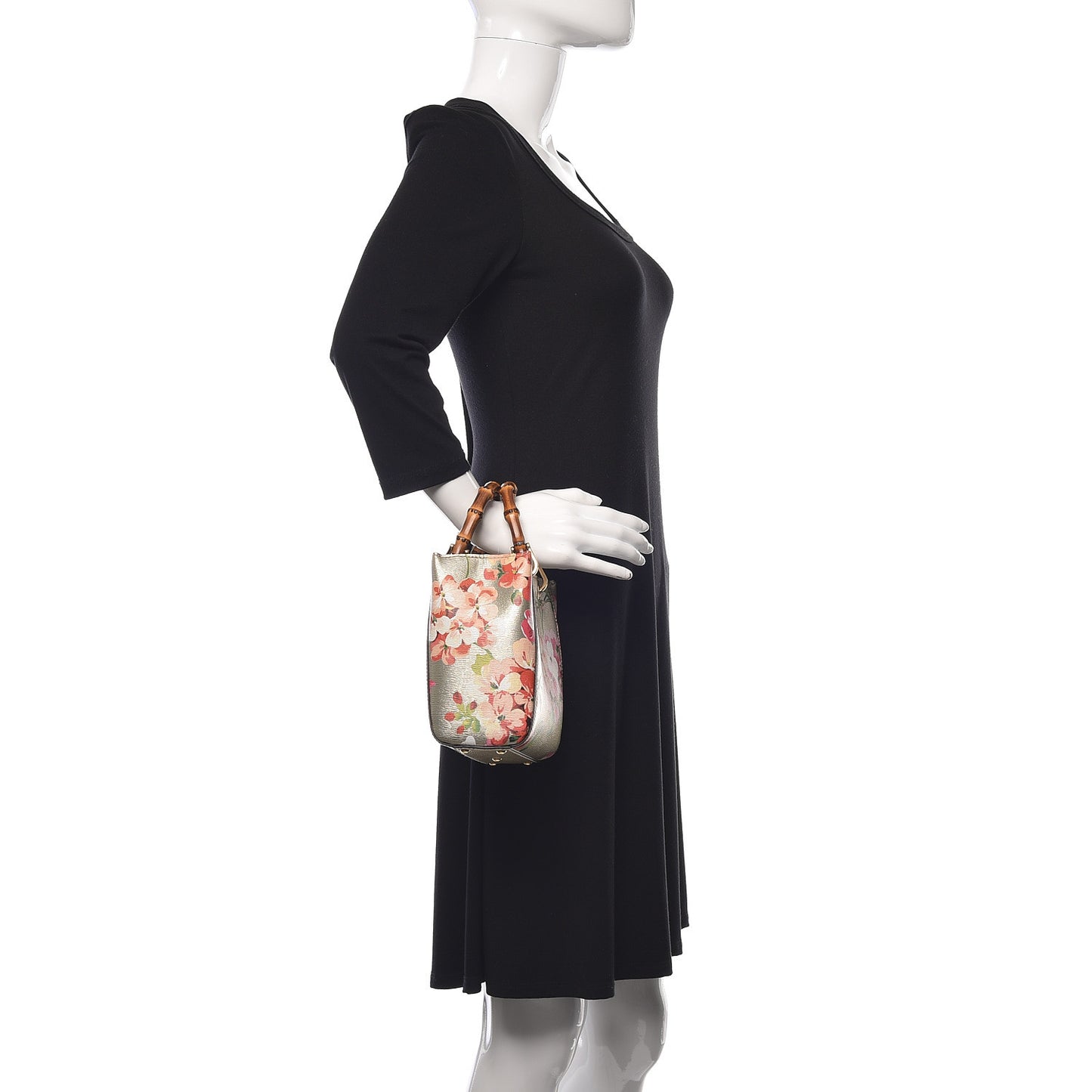 Metallic Shangai Calfskin Blooms Print Mini Bamboo Shopper Tote Gold Multicolor